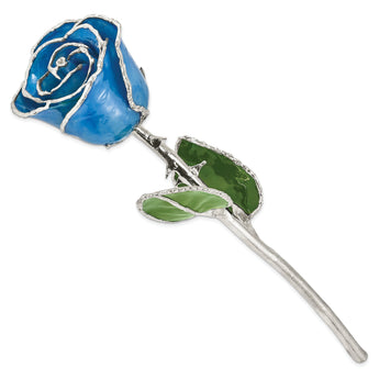 Blue Lacquer Dipped Silver Trimmed Real Rose - Sophia Jewelers