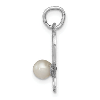14K White Gold Tennis Racquet Pendant with Cultured Pearl Charm Polished & Elegant