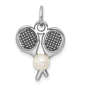 14K White Gold Tennis Racquet Pendant with Cultured Pearl Charm Polished & Elegant