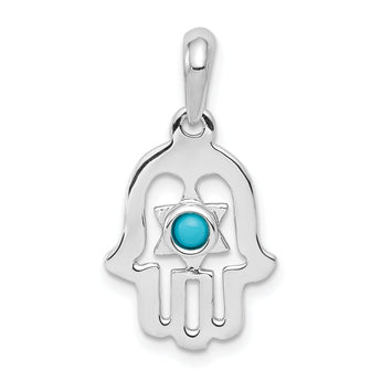 14K White Gold Turquoise Chamseh Pendant with Polished Rhodium Finish
