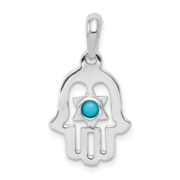 14K White Gold Turquoise Chamseh Pendant with Polished Rhodium Finish