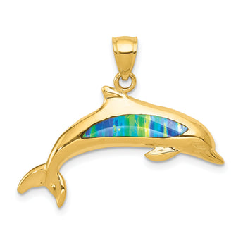 14K Gold Lab Created Opal Dolphin Pendant with Elegant Phenomena Sparkle