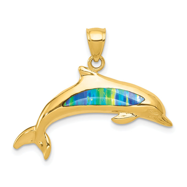 14K Gold Lab Created Opal Dolphin Pendant with Elegant Phenomena Sparkle
