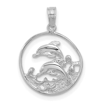 14K White Gold Double Dolphin Circle Pendant