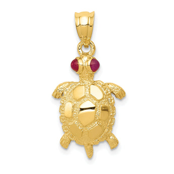 14K Gold Turtle Pendant with Ruby Eyes Polished & Textured Design