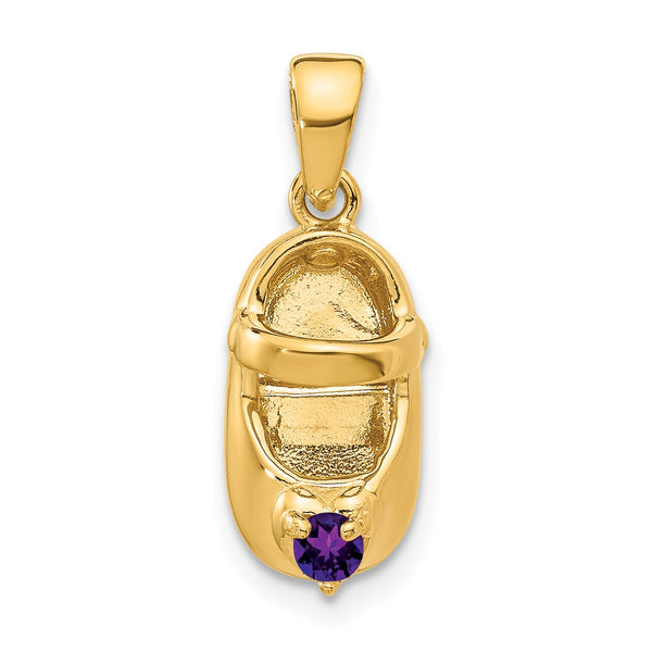 14K Gold Engravable Baby Shoe Charm with February Synthetic Birthstone