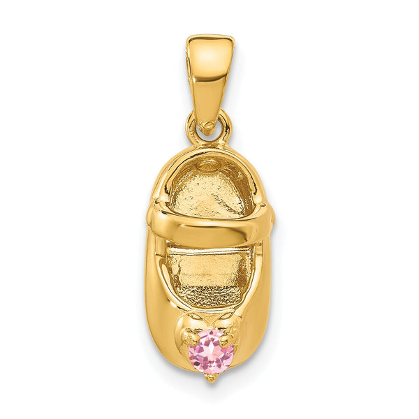 14K Gold Engravable Shoe Charm with Pink October Birthstone
