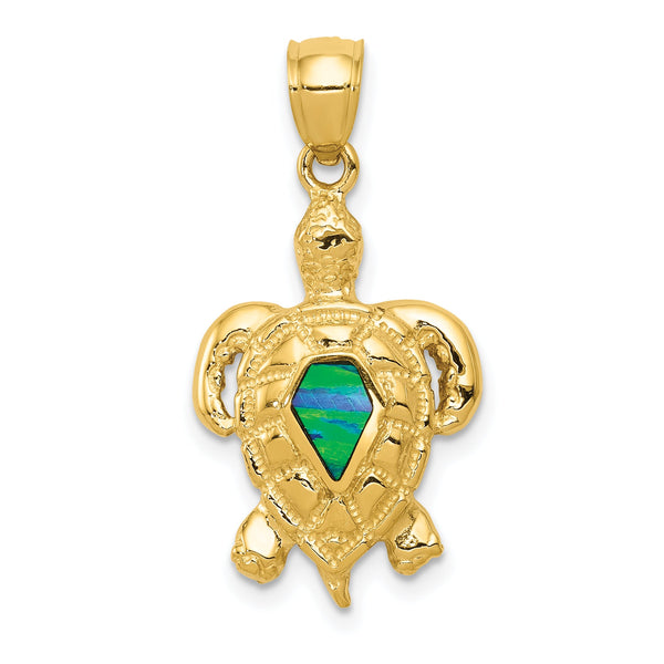 14K Gold Polished Blue Opal Turtle Pendant Elegant, Lab-Created Gem