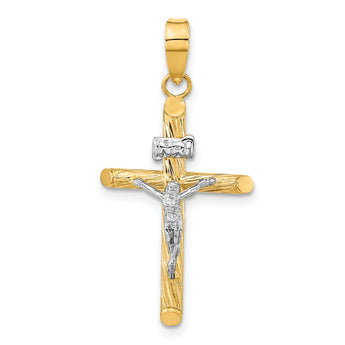 14K w/White Rhod Polished & Textured INRI Crucifix Cross Pendant