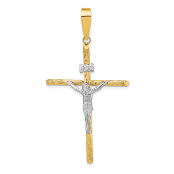 14K w/White Rhod Polished & Textured INRI Crucifix Cross Pendant