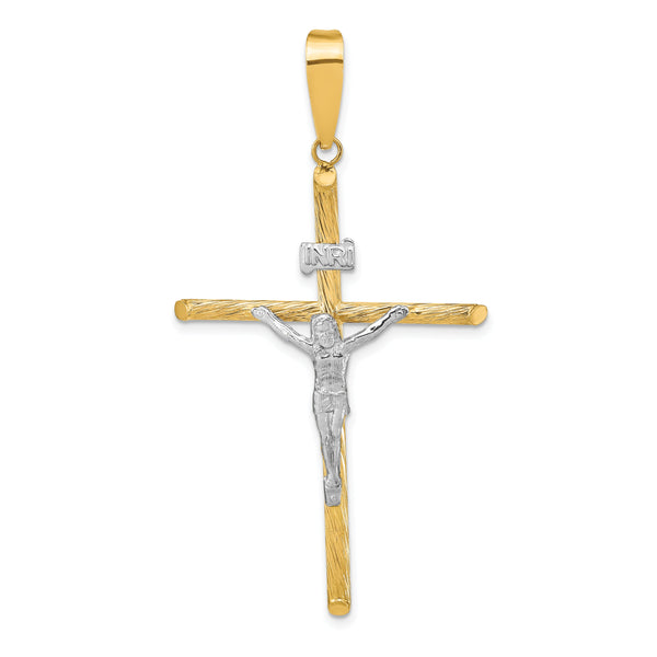 14K w/White Rhod Polished & Textured INRI Crucifix Cross Pendant