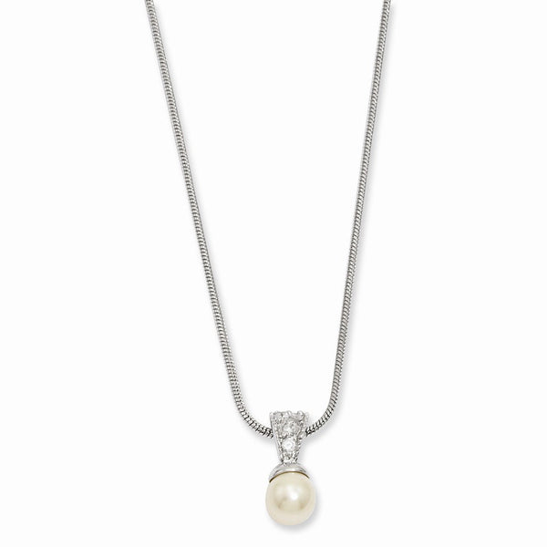 Rhodium-Plated Simulated Pearl CZ Pendant Necklace Elegant 18-Inch