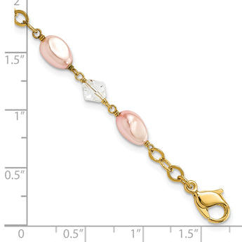 7.25in Gold-plated Kelly Waters Pink Simulated Pearl and Crystal Bracelet - Birthstone Company