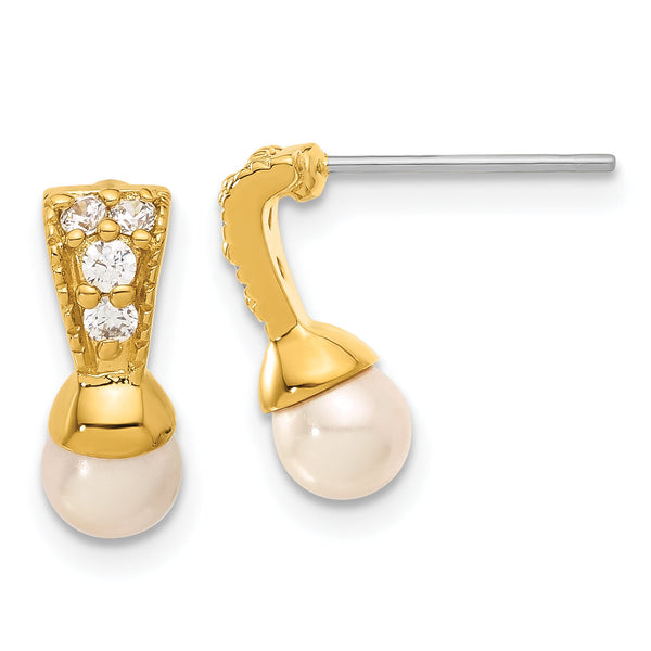 Gold-Plated Drop Earrings with Simulated Pearl & CZ, Polished Finish