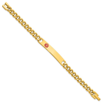 Kelly Waters Stainless Steel Yellow PVD Plated Red Epoxy Medical ID 7.25 inch Engravable Bracelet - Birthstone Company
