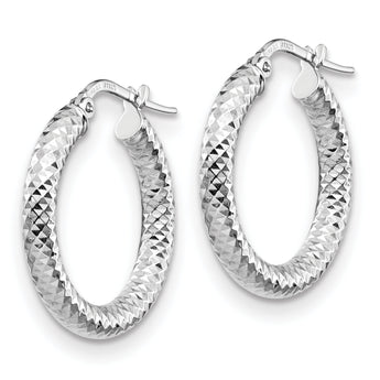 14K 3x15 White Gold D/C Round Hoop Earrings