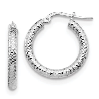 14K 3x15 White Gold D/C Round Hoop Earrings