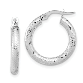 14K 3x15 White Gold D/C Round Hoop Earrings