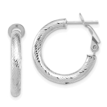 14K 3x15 White Gold D/C Round Omega Back Hoop Earrings