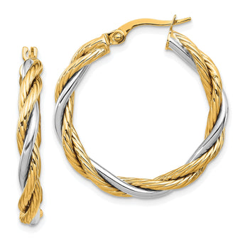 14K w/White Rhodium Polished Twisted Hoop Earrings