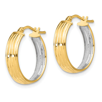 14k with Rhodium Textured Polished Hoop Earrings