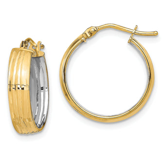 14k with Rhodium Textured Polished Hoop Earrings