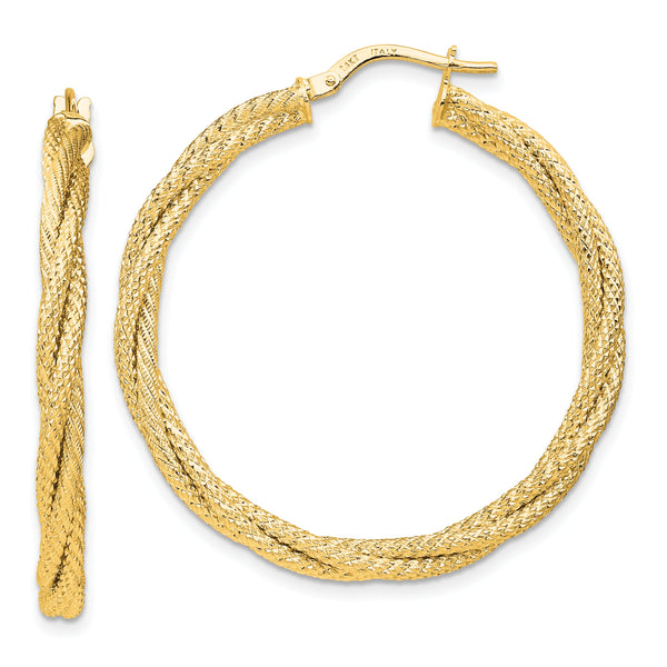 14K Polished Twisted Textured Hoop Earrings