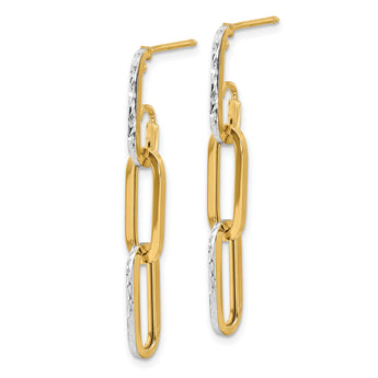 14K with White Rhodium Polished and Diamond-cut Link Dangle Earrin