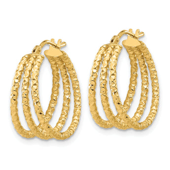 14K Polished and Textured Three Row Hoop Post Earrings