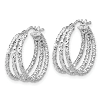 14K White Gold Polished and Textured Three Row Hoop Post Earrings