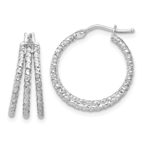 14K White Gold Polished and Textured Three Row Hoop Post Earrings