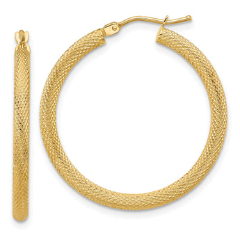 14K Polished and Textured Round Hoop Earrings