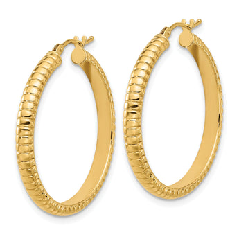 14K Polished and Textured Round Hoop Earrings