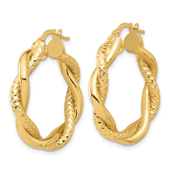 14K Polished and Textured Twisted Round Hoops