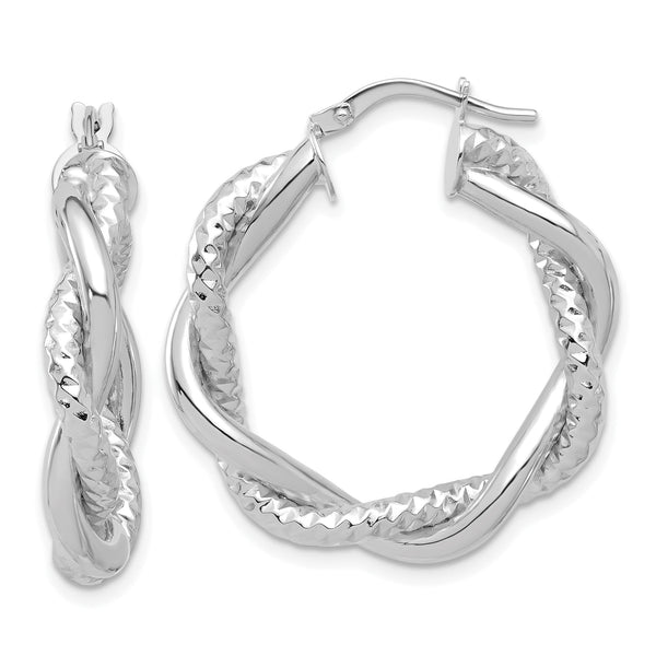 14K White Gold Polished and Textured Twisted Round Hoops