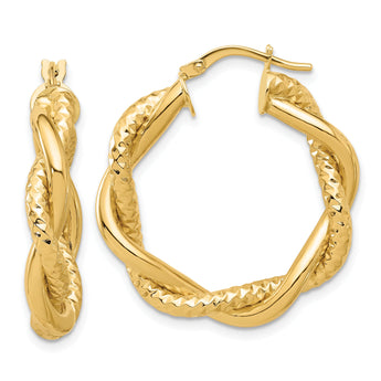 14K Polished and Textured Twisted Round Hoops