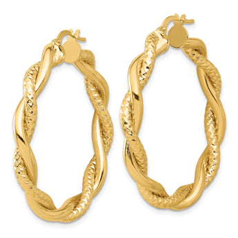 14K Polished and Textured Twisted Round Hoops