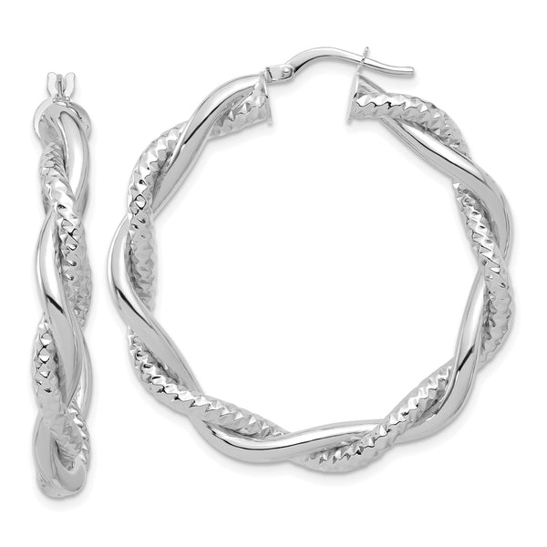 14K White Gold Polished and Textured Twisted Round Hoops
