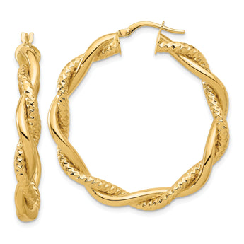 14K Polished and Textured Twisted Round Hoops