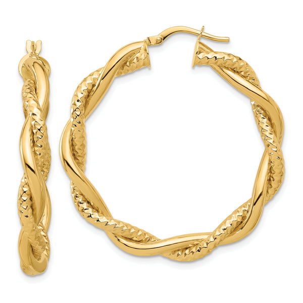 14K Polished and Textured Twisted Round Hoops
