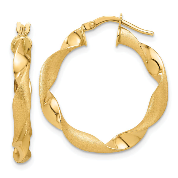 14K Polished and Brushed Twisted Hoop Earrings