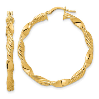 14K Polished and Textured Round Hoops