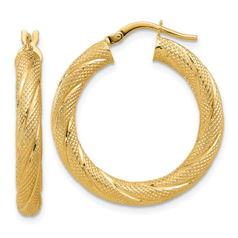 14K Polished and Textured Round Hoops