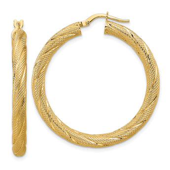 14K Polished and Textured Round Hoops