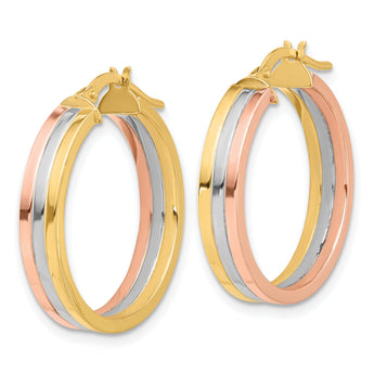 14K Tri-color Polished Three-row Left Right Hoop Earrings