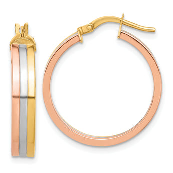 14K Tri-color Polished Three-row Left Right Hoop Earrings