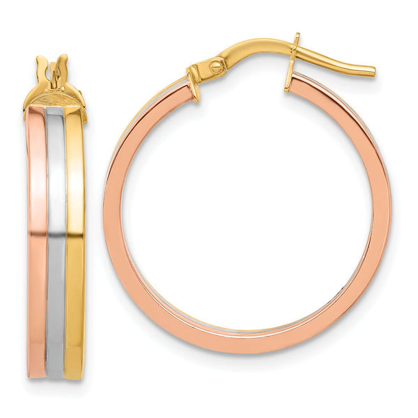 14K Tri-color Polished Three-row Left Right Hoop Earrings