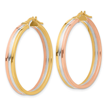 14K Tri-color Polished Three-row Left Right Hoop Earrings
