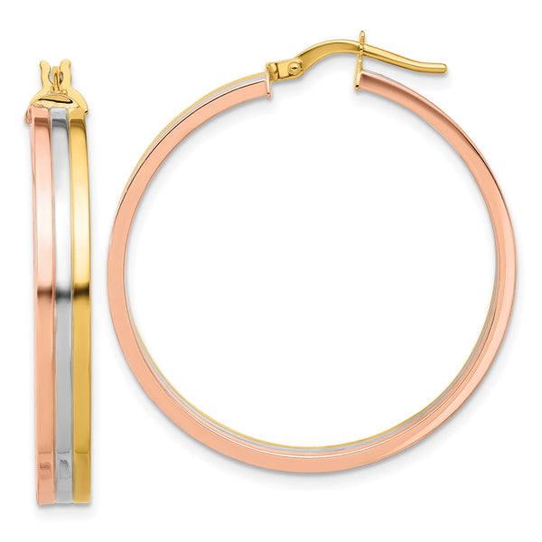 14K Tri-color Polished Three-row Left Right Hoop Earrings