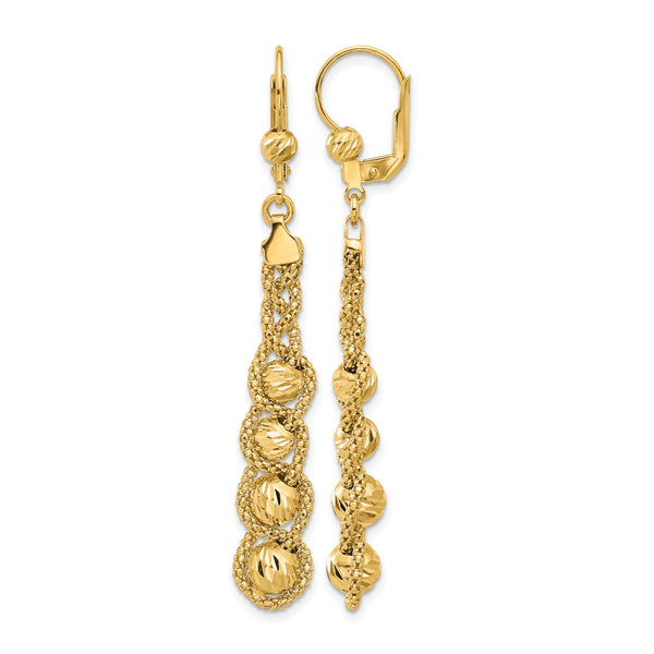 14K Polished Textured and Dia-cut Beaded Leverback Earrings - Birthstone Company
